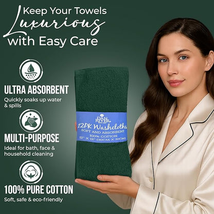 DAN RIVER 12 Pack Wash Cloths for Showering [12x12] - 100% Cotton Washcloths Premium Quality Flannel Face Cloths for Bathroom, Highly Absorbent and Soft Feel Wash Clothes, Hunter Green