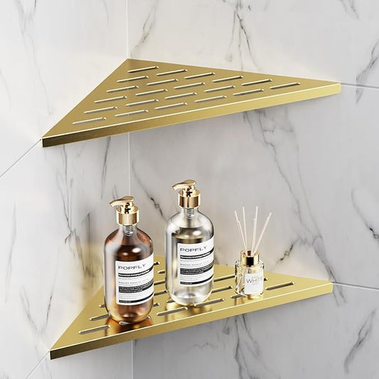 POPFLY 10 Inch Gold Corner Shower Shelf 2 Pack, 304 Stainless Steel Bathroom Shelves for Tiled Wall, No Drilling Recessed Organizer, Luxurious Floating Shower Shelf with Anti-Slip Design, PF7501G