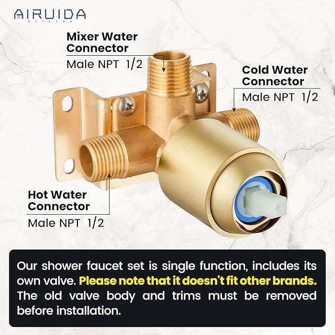Airuida Square Single-Function Brass Faucet Shower Rough-in Valve Male Thread Bathroom Trim Kit Single Handle Tub Shower Valve 4.3 Inch Cover Plate Brushed Gold