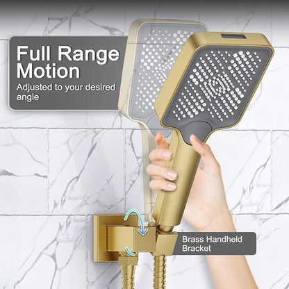 Shower System 13-Inch Rainfall Shower Head - 3 Setting Handheld Sprayer, Complete Bathroom Set with Faucet Mixer Trim Kit & Valve Brushed Gold