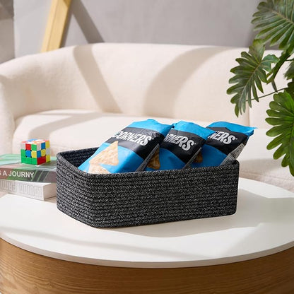 Large Shallow Organizing Baskets 15x11x5.1 Inches - Rope Woven Storage Bins for Bathroom, Shelves, Cube Closet, Mixed Black 4 Packs