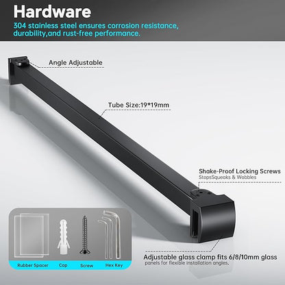 Frameless Shower Door Support Bar, Stainless Steel Wall-to-Glass Support Arm to Fixed Shower Glass Panel, for 1/4"-3/8" (6-10 mm) Door, 180° Pivot & Stow-Flat Mode (Matte Black, 51.2-inch(1300mm))