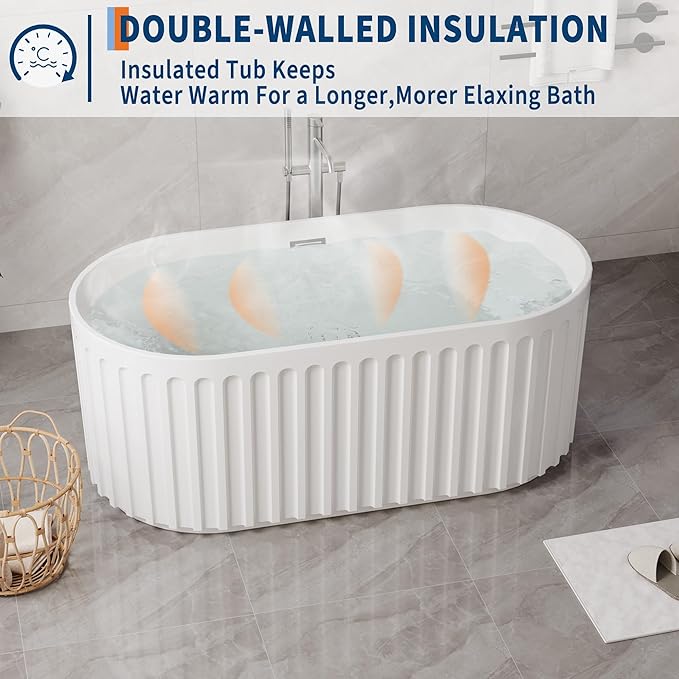 59" Freestanding Bathtub, Deep Soaking Tub with Non-Slip Base, CUPC Certified Stand Alone Tub, Modern Bathroom Soaker Tub with Chrome Drain, Easy Install, White
