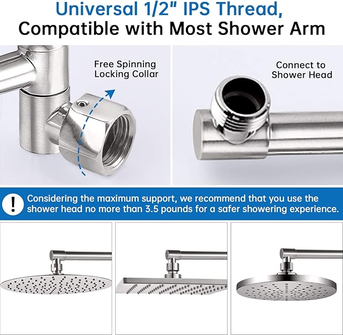 G-Promise 16 Inch Shower Head Extension Arm, Solid Brass Height & Angle Adjustable Extender, Rise or Lower Rainfall and Fixed Shower Head (Brushed Nickel)