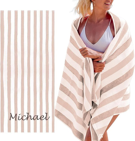 Personalized Passion Beach Towels for Adults - Custom Pool Towels with Name - Highly Absorbent Cotton - Striped Design for Women & Men - Large 70x30 Bath Sheet for Hotel, Swim & Camping - Beige