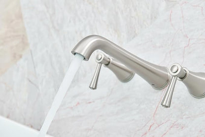 SITGES High Flow Brushed Nickel Wall Mount Bathtub Faucet with Two Level Handles,Extra-Long 10.5" Spout Reach Solid Brass Wall Tub Filler with Rough-in Valve Included