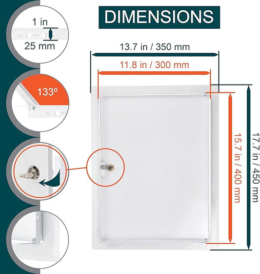 12" x 16" Lockable White Metal Access Panel. Service Shaft Door Panel with Key. Plumbing, Electricity, Heating, Alarm Wall Access Panel for Drywall. Bathroom Services Access Hole Cover.