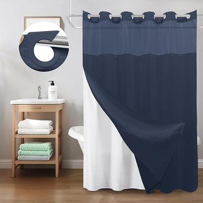 Inhousolu Stall No Hook Shower Curtain with Snap in Fabric Liner Set Waffle Weave 230GSM Weighted Hem, Waterproof & Washable Bathroom Curtain Spa Luxury with Mesh Top Window 36" W x 72" L Navy Blue