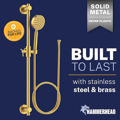 HammerHead Showers® Solid Metal 27.5 Inch Shower Slide Bar Set and Handheld Shower Head with Hose — BRUSHED GOLD — 1.75 GPM Low Flow Spray Wand — Easily Adjust Height & Angle of Handshower