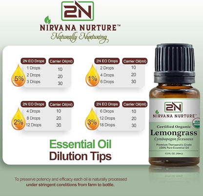Lemongrass Essential Oil USDA Certified Organic 100% Pure Premium Therapeutic Grade, Undiluted - Aromatherapy Diffuser for Calm and Relaxation, Skin Care, Hair Care