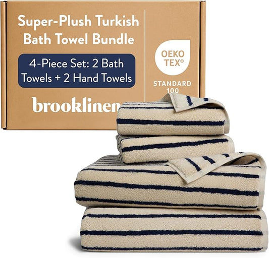 Brooklinen Super-Plush Bath Towel and Hand Towel Set - 2 Bath Towels, 2 Hand Towels - Cotton, Highly Absorbent (Striped Midnight Navy)