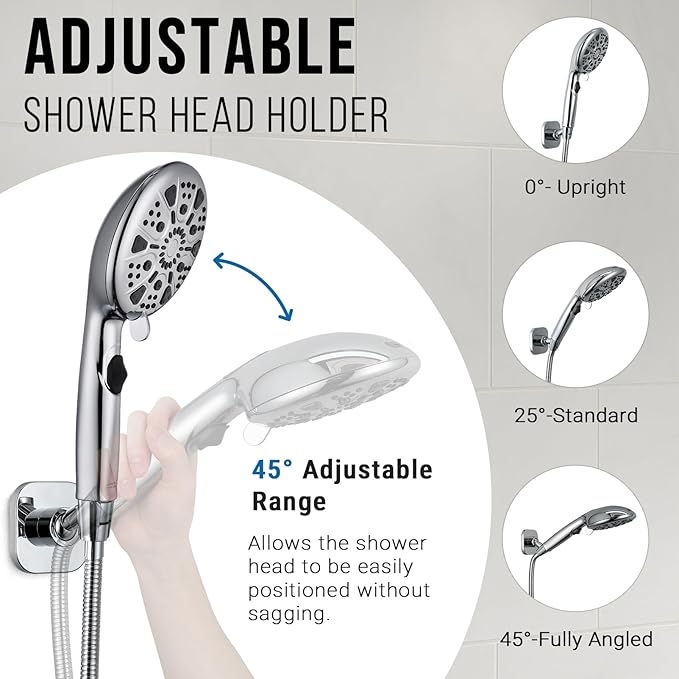 G-Promise All Metal Handheld Shower Head Holder, Adjustable Wall Mount Shower Wand Bracket, Strong Adhesive Disc Mount or Drill Installation (Chrome)