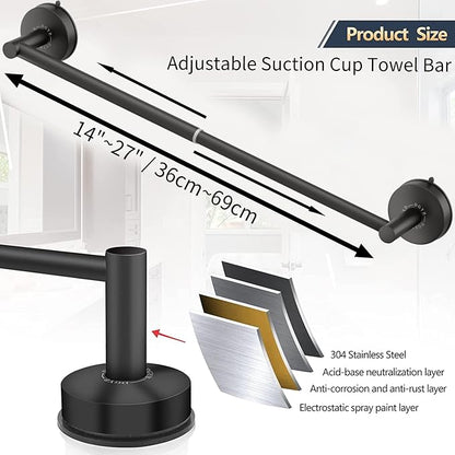 DGYB Adjustable Suction Cup Towel Bar for Bathroom 14 Inch ~ 27 Inch Matte Black Towel Rack Stainless Steel Bath Towel Holder for Glass Shower Door