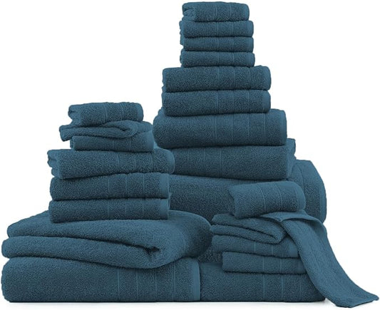 Casa Platino 100% Cotton Bathroom Towels Set - 24 Pcs - Ring Spun, Quick Dry, Soft & Absorbent - 2 Bath Sheets, 2 Gym, 2 Bath, 4 Fingertip, 6 Hand Towels, 8 Washcloths - Medium GSM - Steel Blue