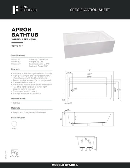 Fine Fixtures Acrylic, Fiberglass Alcove Soaking Bathtub with Integral Apron Front in Glossy White - Left Hand Drain, 72" x 32"