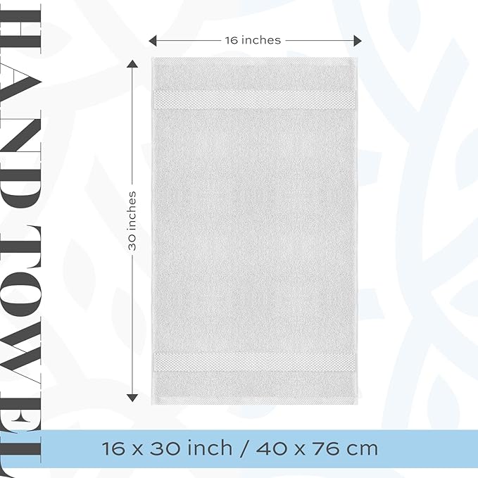 White Classic Luxury Silver Hand Towels - Soft 100% Turkish Cotton | Highly Absorbent Hotel spa Bathroom Towel Collection | 16x30 Inch | Set of 6