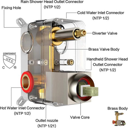 Rain Shower System 12 inch Shower Faucet Set with Tub Spout,Bathroom Wall Mounted Waterfall Shower Head Faucet Sets Complete with Handheld Spray,Rough-in Valve Body and Trim kit,Matte Black