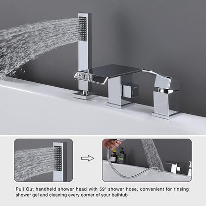 TapLong Modern Roman Tub Faucet with Hand Shower, Waterfall Deck Mount Bathtub Filler Faucet with Sprayer, Widespread 3 Holes Tub Shower Faucet Set in Polished Chrome, 02763CH