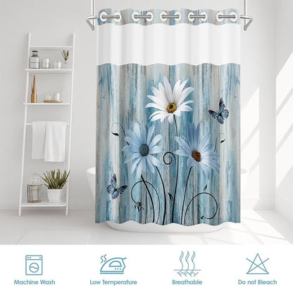 No Hook Blue Daisy Shower Curtain with Snap in Fabric Liner Set, Wooden Boards Double Layers Waterproof Fabric with See Through Top Window Open Grommet Bath Curtain 71x86 Inch