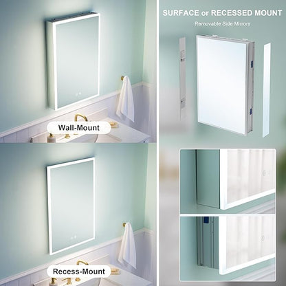 WELLFOR 24" X 30" Medicine Cabinet With Lights, 3X Magnification, Anti-Fog Mirrored Cabinet, Bathroom Vanity With Outlets & USB Ports, Right Opening Door