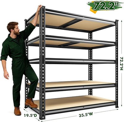 72.2" H Garage Shelves 2230LBS Storage Shelves, 5 Tier Adjustable Metal Shelving, Heavy Duty Shelving for Storage, Basement, Warehouse, Pantry, Kitchen, 35.5" W x 19.5" D x 72.2" H, Black, 2 Pack