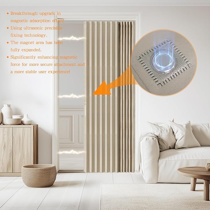Accordian Door Curtain, 100% Blackout Folding Magnetic Doorway Curtains,Linen Style Closet Doors,for Room Divider,Privacy Protection（W72 x L78,Beige,1 Panel）
