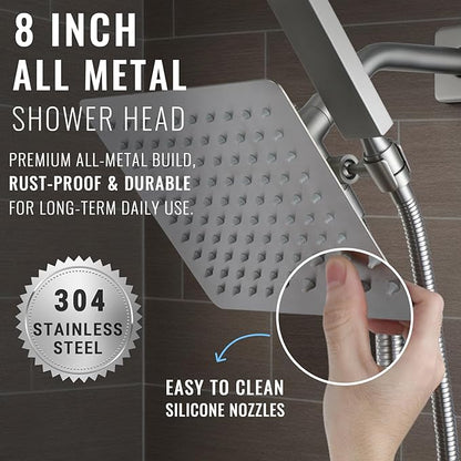All Metal Shower Faucet Set, Dual Square Shower Head System with Handheld Wand, Diverter, Hose Complete Combo, Pressure Balance Rough-in Valve Included(Brushed Nickel)