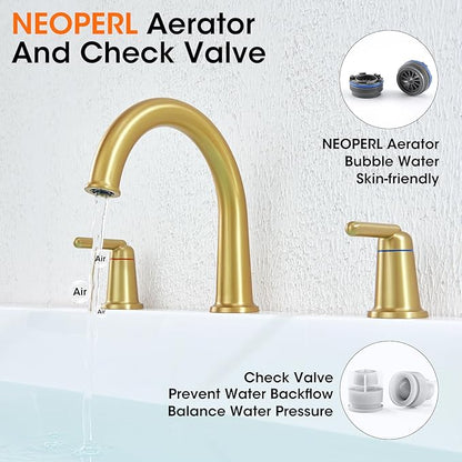 Brushed Gold Roman Bathtub Faucet, 2-Handle High Flow Tub Filler with Valve Widespread Deck Mount Bath Tub Faucet Set Classic High Arch WT-9807BG02