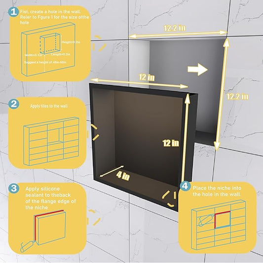 Stainless Steel Lighted Niche for Shower Storage,Bathroom Niches with LED Waterproof Light Strip，Shower Niche Insert Tile Ready ，Matte Black （ 12 x 12 in）