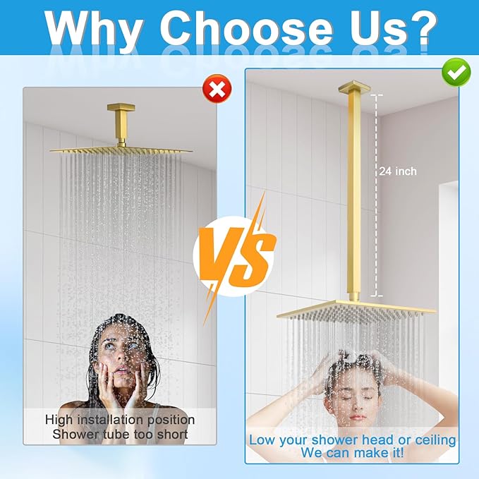 Shower Arm with Flange 24 Inches Ceiling Mount Square Straight Extender Extension Pipe Replacement, Extra Long Shower Arm For Fixed Rain Shower Head or High Ceiling,Brushed Gold