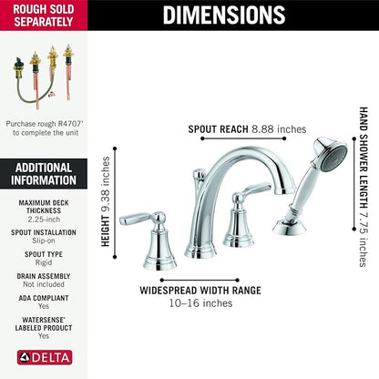 Delta Woodhurst Roman Tub Faucet with Hand Shower, Chrome Deck Mount Bathtub Faucet, Chrome T4732 (Valve sold separately)