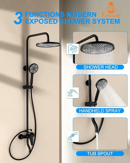 Outdoor Shower Kit, Exposed Shower System with Dial Thermometer Brass Valve, 10'' Rainfall Shower Head and Handheld Shower Faucet Combo for Bath Backyard - Black Wall Mounted