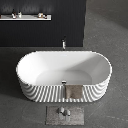 59" Acrylic Freestanding Soaking Bathtub, Matte Drain & Black Overflow, Contemporary Design Tub for Home Bathroom Renovations, Glossy White