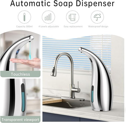 Automatic Liquid Soap Dispenser,2 Pack 300ML Touchless 4 Gear Adjustable,Countertop Electric Battery Operated Hand Soap Dispenser with Sensor for Bathroom,Kitchen,Office（Silver）