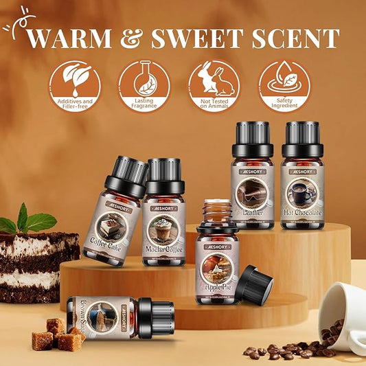 Bakery Essential Oils Set - 6x10ML Fragrance Oils for Home Diffusers,Candle & Soap Making |Home Aromatherapy & Crafting| Leather, Hot Chocolate, Coffee Cake, Mocha Coffee, Apple Pie,Brown Sugar Scents