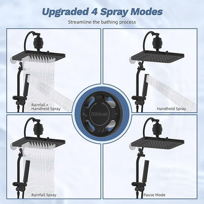 Hibbent 5-spray Filtered Rainfall Shower Head Combo, High Pressure 13'' Showerhead with Stainless Steel 4 Spray Modes Handheld, All Metal 4-way Diverter Arm, Pause Mode, 71'' Hose& Holder, Matte Black