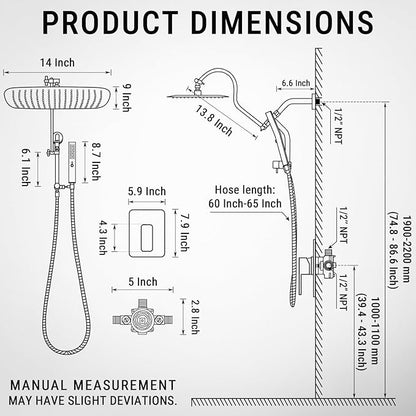 G-Promise 14 Inches Shower Faucet Sets Complete, All Metal Rainfall Shower Head and Handle Set, Extended Downward Diverter, Extension Arm and Pressure Balance Rough-in Valve Included