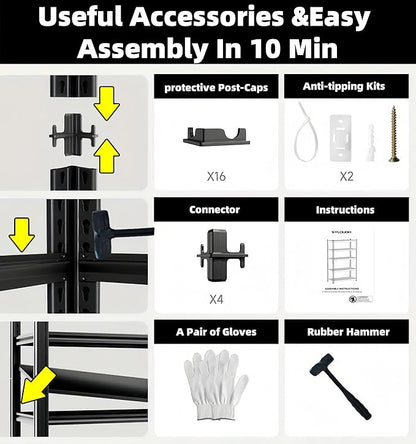 5 Tier Metal Shelving Unit, Adjustable Storage Shelves, 84" H x 55" W x 24" D Heavy Duty Garage Shelves for Warehouse, Basement, Kitchen, Pantry, Living Room, Black (5T 84 * 55 * 24)