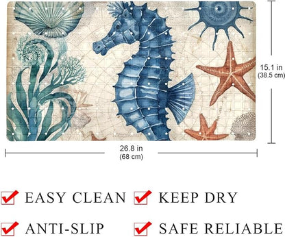 Bathtub Mats for Shower Tub, Anti-Slip Bath Mats for Inside Tub, Bathroom Shower Mats with Drain Holes and Suction Cups (Watercolor Marine Seahorse Vintage Map Background)