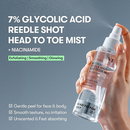 VT COSMETICS 7% Glycolic Acid Reedle Shot Head-to-Toe Mist with Niacinamide, Exfoliating Spray for Bumpy & Strawberry Skin, Dark Spots, Skin Texture, Keratosis Pilaris, Korean Skincare (4.05 fl oz)