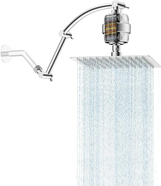 Hibbent All Metal Rain Filtered Shower Head, 10'' High Pressure Rainfall Showerhead with 16" Shower Head Extension Arm, 20 Stage Shower Filter, Solid Brass Adjustable Shower Arm Extender, Chrome