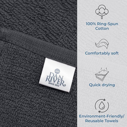 DAN RIVER 12 Pack Wash Cloths for Showering [12x12] - 100% Cotton Washcloths Premium Quality Flannel Face Cloths for Bathroom, Highly Absorbent and Soft Feel Wash Clothes, Charcoal