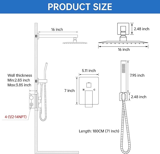 16 Inch Luxury Rain Shower Faucet Set, Brushed Nickel Shower System with Rainfall Shower Head and Handheld Spray, SUS304 Stainless Steel and Solid Brass Wall Mounted Shower Valve Trim Kit