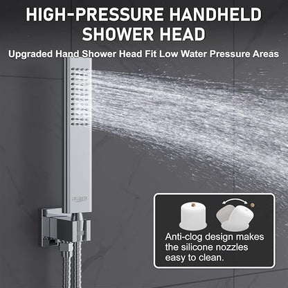 Iriber 12 Inch Bathroom Shower System Polish Chrome Wall Mounted Square Mixer Shower Faucet Combo Set with Hand Held Rough-in Valve Rainfall Shower and Trim