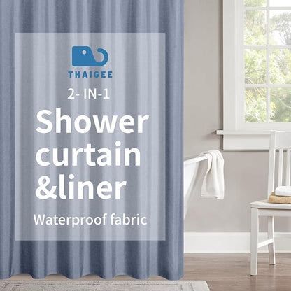 2-in-1 Waterproof Extra Long Fabric Shower Curtain or Liner,Linen Textured,84 Inch Breathable TPU & Washable Bathroom Shower Curtain Set with 12 Plastic Hooks,Modern,72"x84" Blue Gray