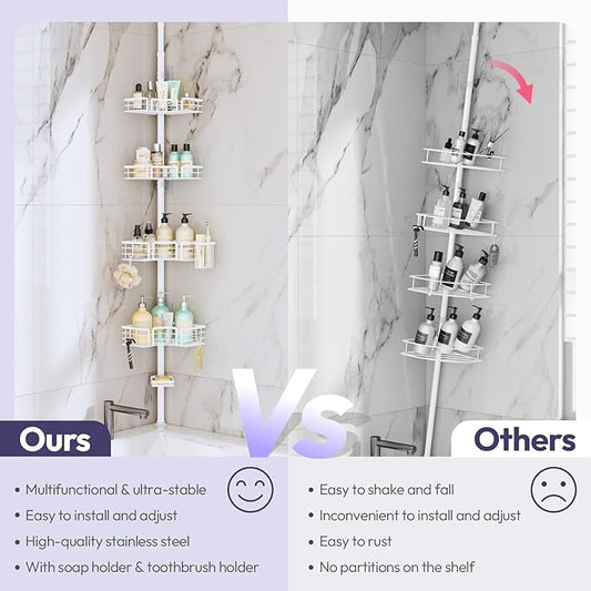 SWTYMIKI Shower Caddy Tension Pole - 4-Tier Corner Shower Organizer Tension Rod with Soap Holder, Toothbrush Holder & 4 Hooks, Adjustable Stainless Steel Bathroom Organizer 27.6 to 108.3 inch, White