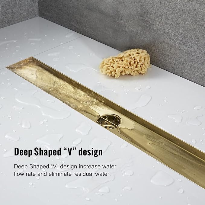 Linear Shower Drain, 40 inch Gold Drain with Tile Insert 2-in-1 Panel, Brushed 304 Stainless Steel Gold Shower Floor Drain, Linear Drain with Hair Strainer and Adjustable Feet