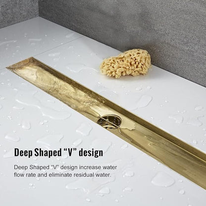 Linear Shower Drain, 40 inch Gold Drain with Tile Insert 2-in-1 Panel, Brushed 304 Stainless Steel Gold Shower Floor Drain, Linear Drain with Hair Strainer and Adjustable Feet