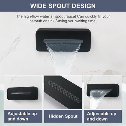 Wall Mounted Tub Spout Adjustable Waterfall Bathtub Sprayer High Flow Bathroom Tub Nozzle for Bathtub and Basin, Matte Black