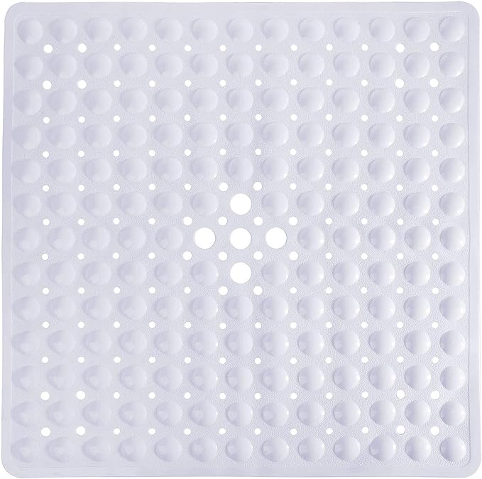 Yimobra Shower Stall Mat Non Slip, 21x21 Inch, Soft Square Bath Mat for Shower with Suction Cups and Drain Holes, Stall Floor Mats for Bathroom, Machine Washable, Bathroom Accessories, White